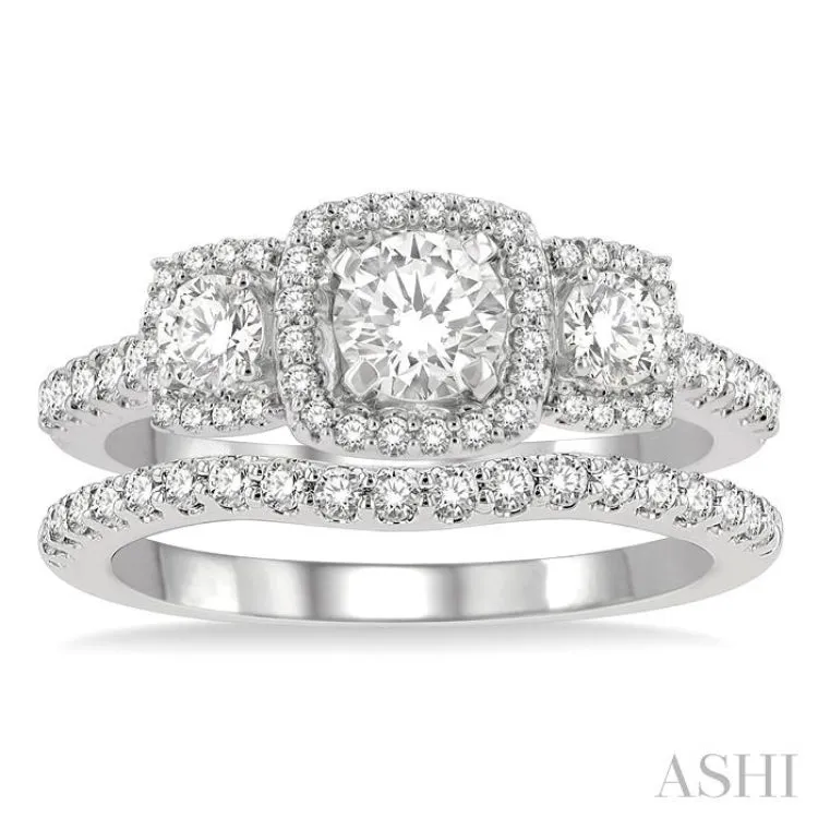 1 1/4 ctw Diamond Wedding Set With 1 ctw Triple Cushion Shape Past, Present & Future Engagement Ring and 1/4 ctw Curved Wedding Band in 14K White Gold