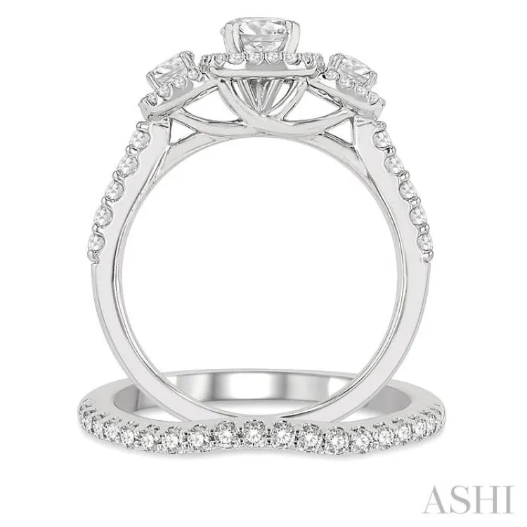 1 1/4 ctw Diamond Wedding Set With 1 ctw Triple Cushion Shape Past, Present & Future Engagement Ring and 1/4 ctw Curved Wedding Band in 14K White Gold