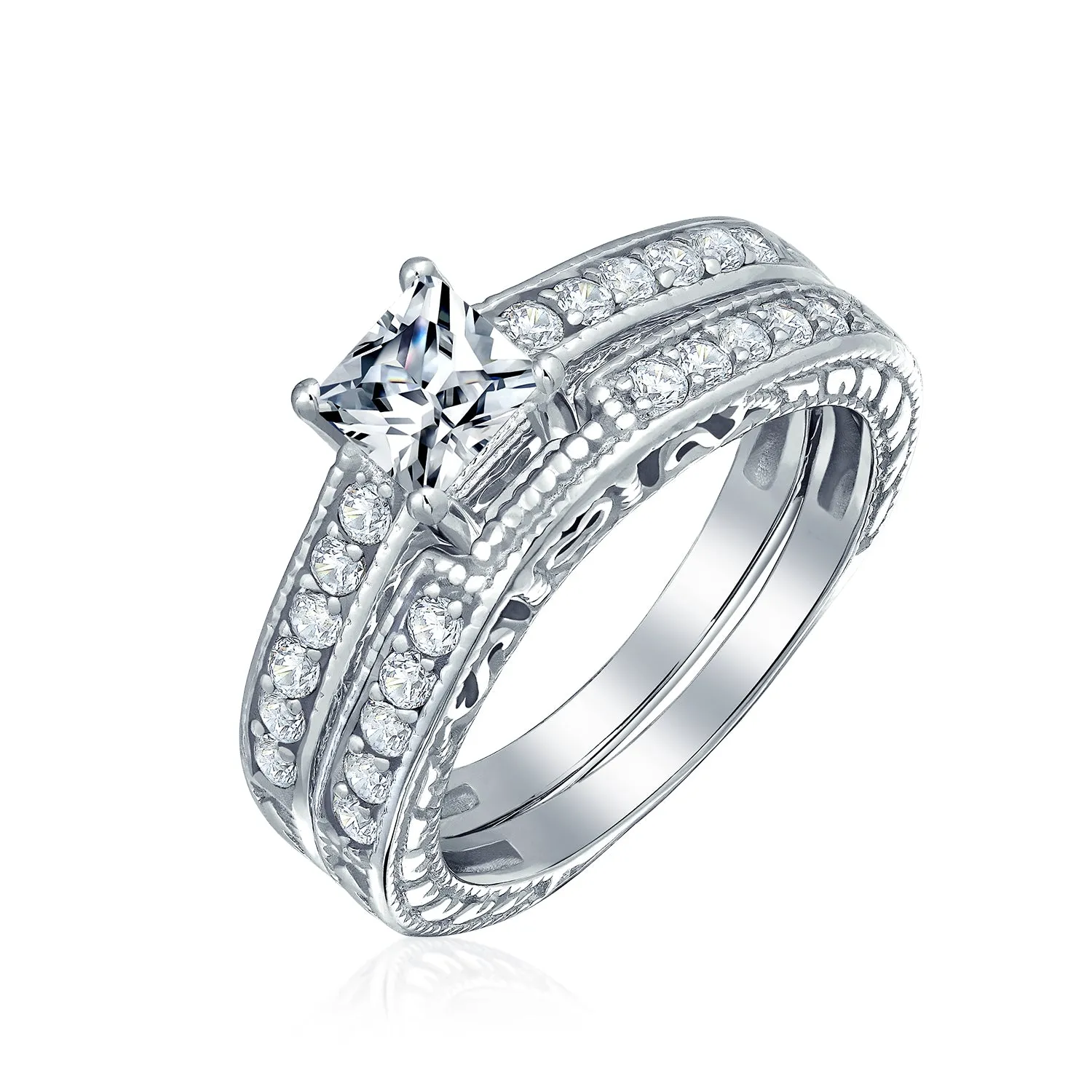 1-2CT Princess Cut Solitaire AAA CZ Engagement Ring Wedding Set Silver