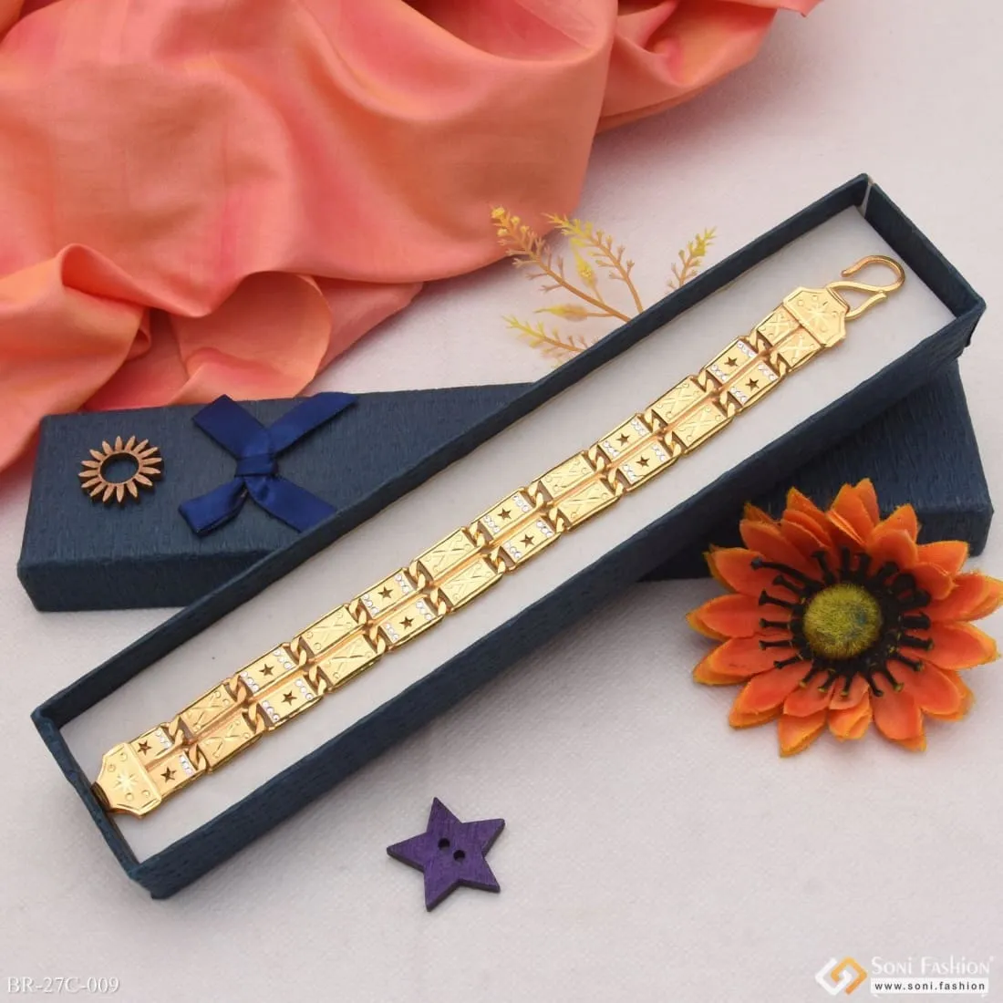 1 Gram Gold Forming 2 Line Star Nawabi Finely Detailed Design Bracelet - Style C009