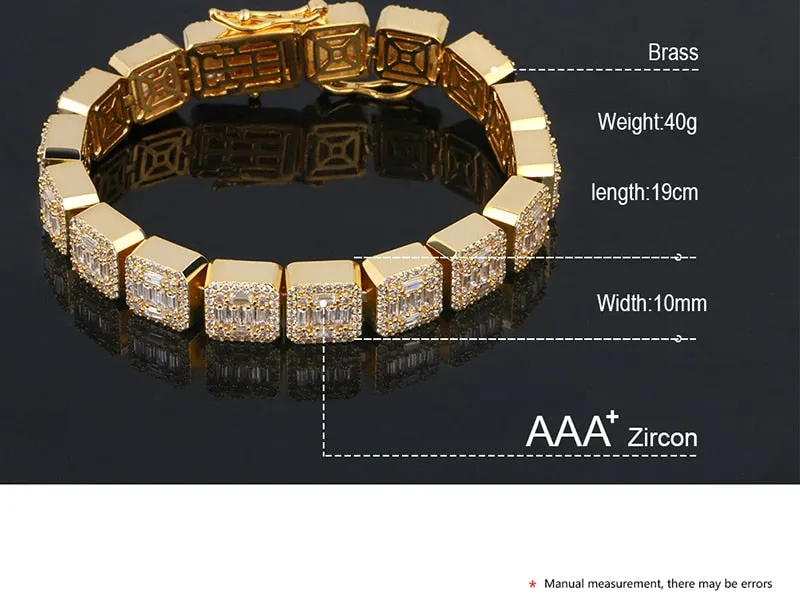 10MM Gold Plated Iced Out Bracelet- Square Shape Hip Hop Bracelet Chain