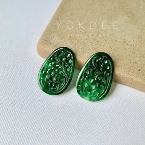 14.2 cts A-Grade Natural Floral Imperial Green Jadeite Fancy Shape (Pair) No.180556