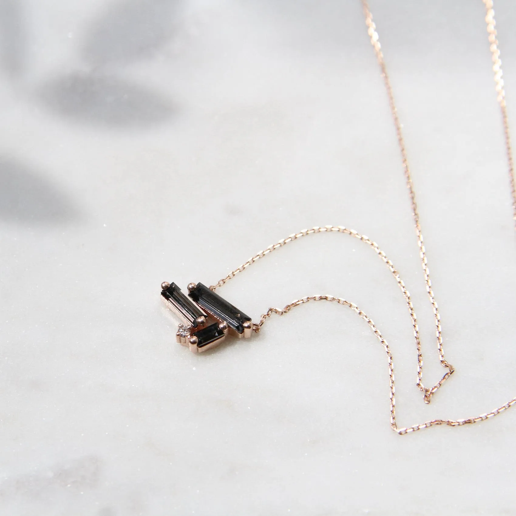 14k Rose Gold Scattered Black Night Quartz Baguettes Necklace