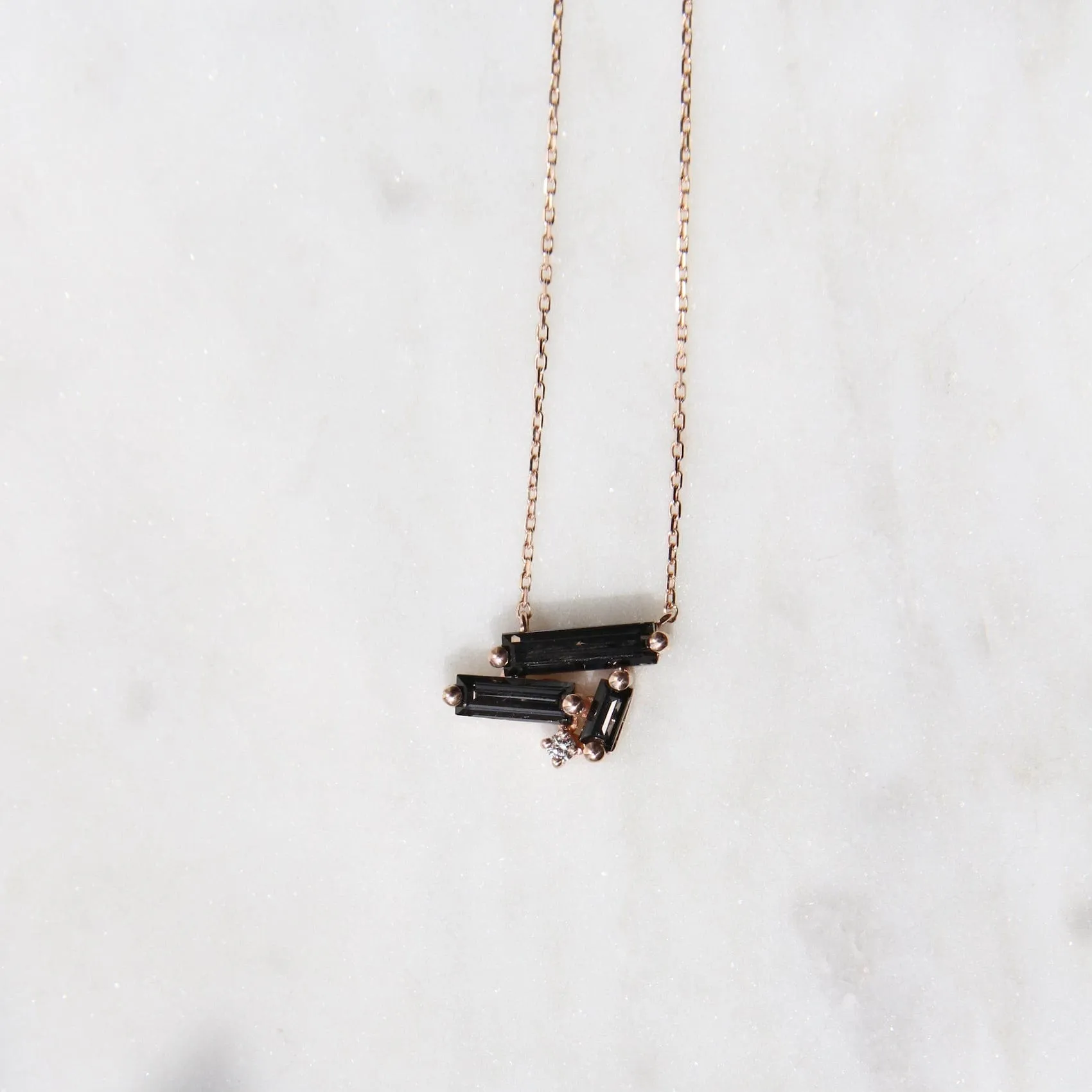 14k Rose Gold Scattered Black Night Quartz Baguettes Necklace