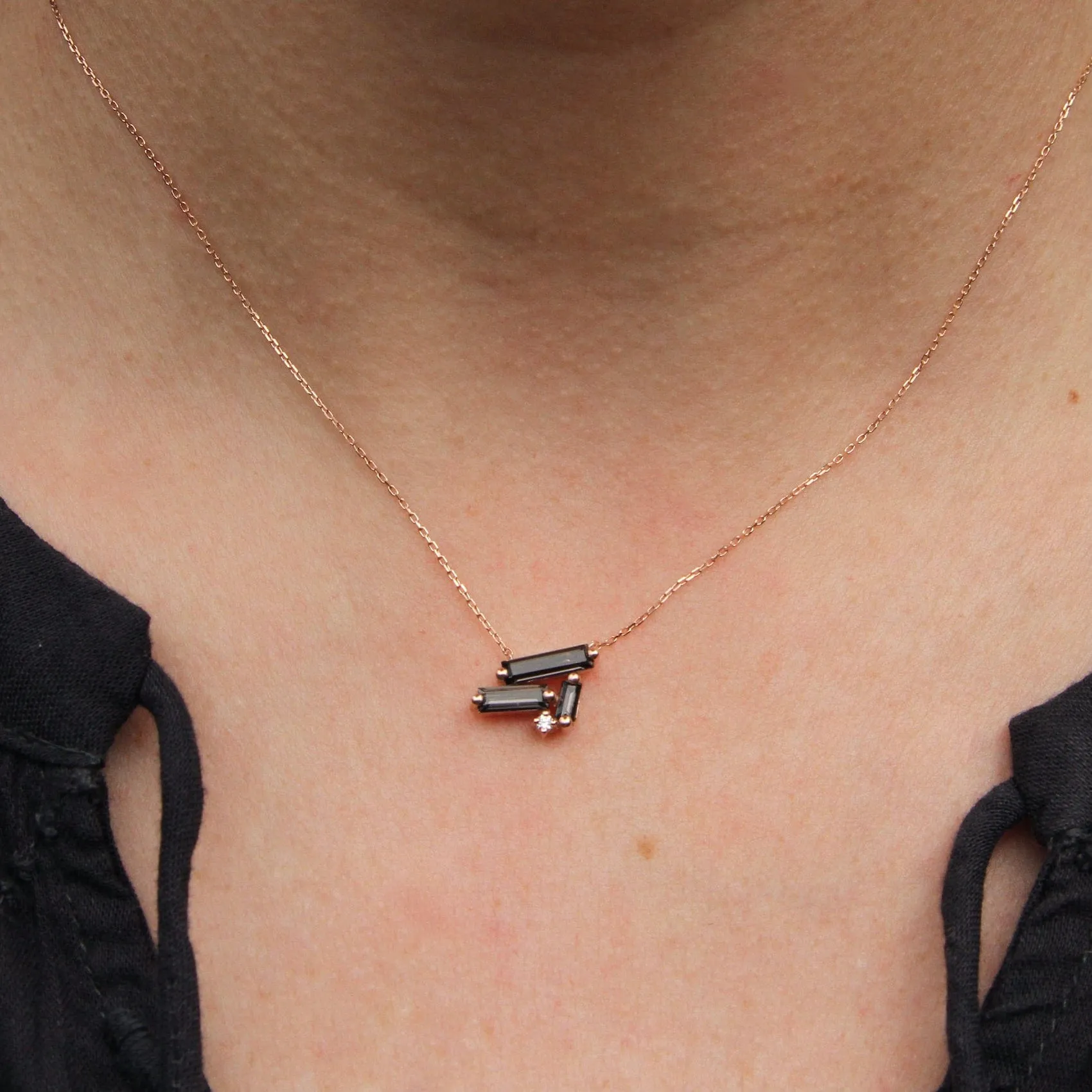 14k Rose Gold Scattered Black Night Quartz Baguettes Necklace