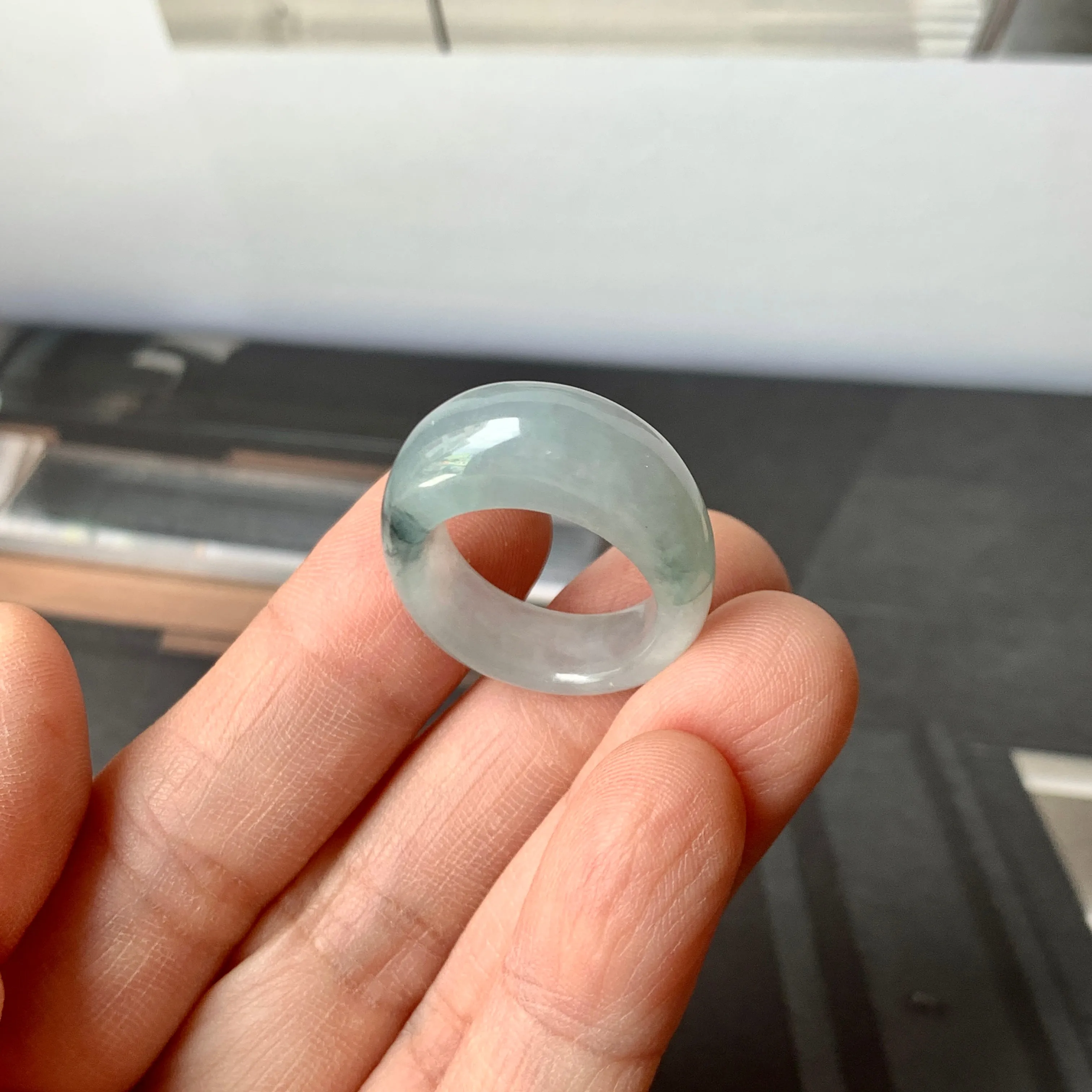 16.1mm A-Grade Natural Light Bluish Floral Jadeite Cloop Ring Band No.162361