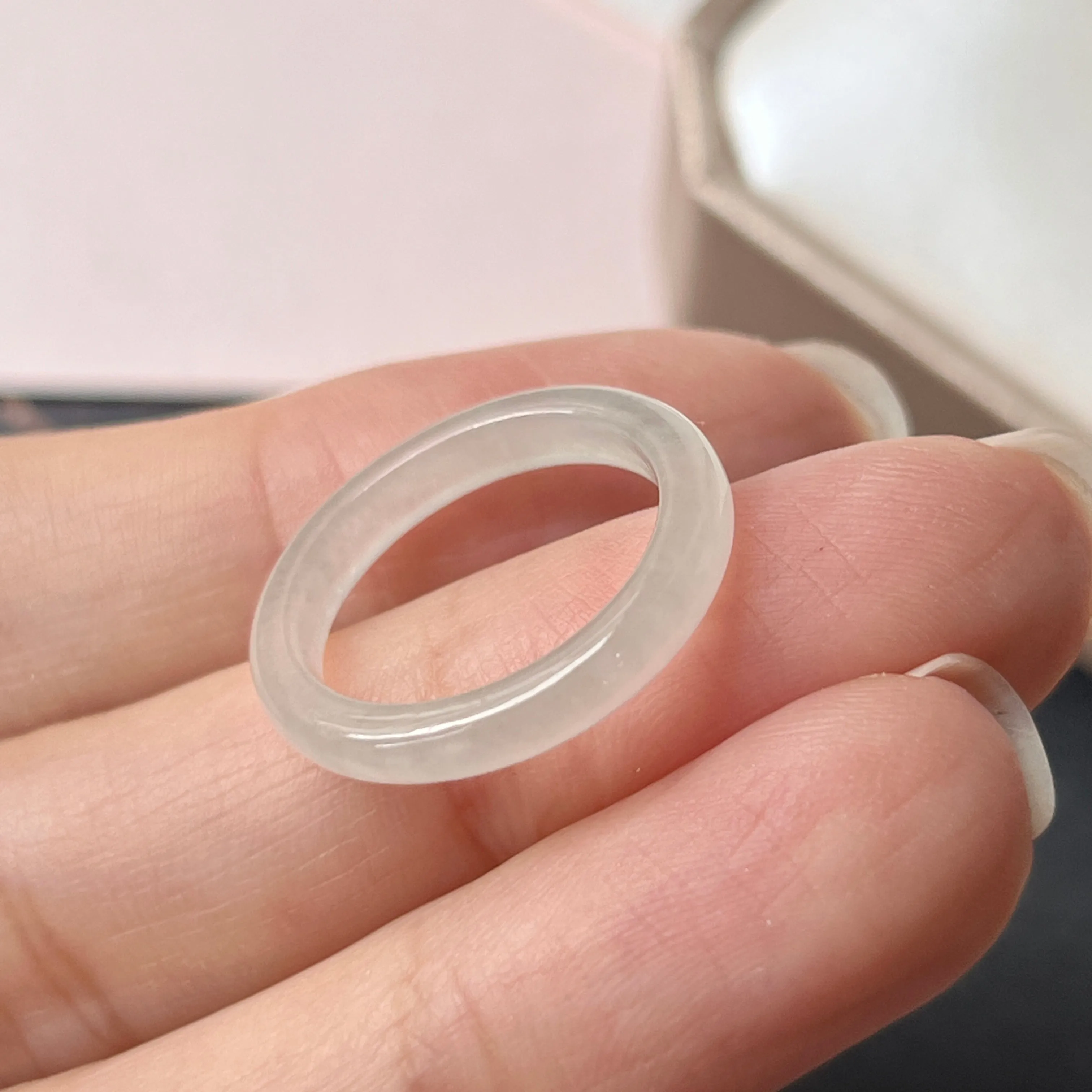 16mm Icy A-Grade Natural White Jadeite Abacus Ring Band No.220677