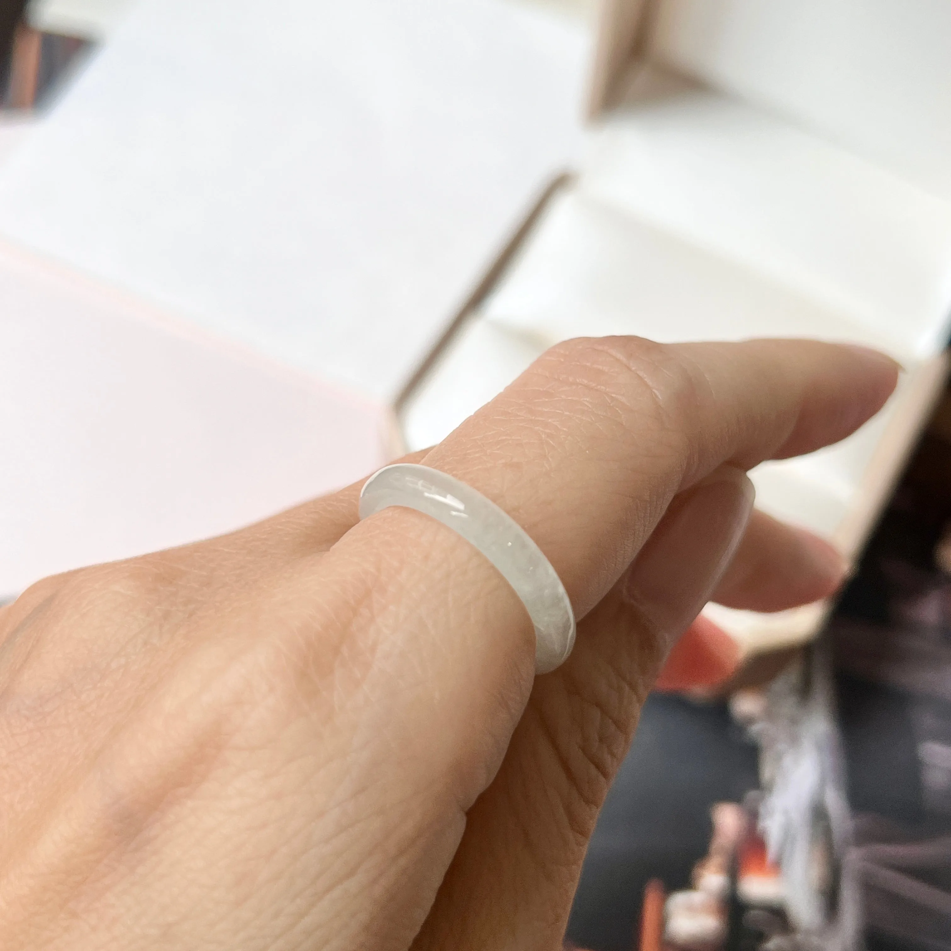 16mm Icy A-Grade Natural White Jadeite Abacus Ring Band No.220677