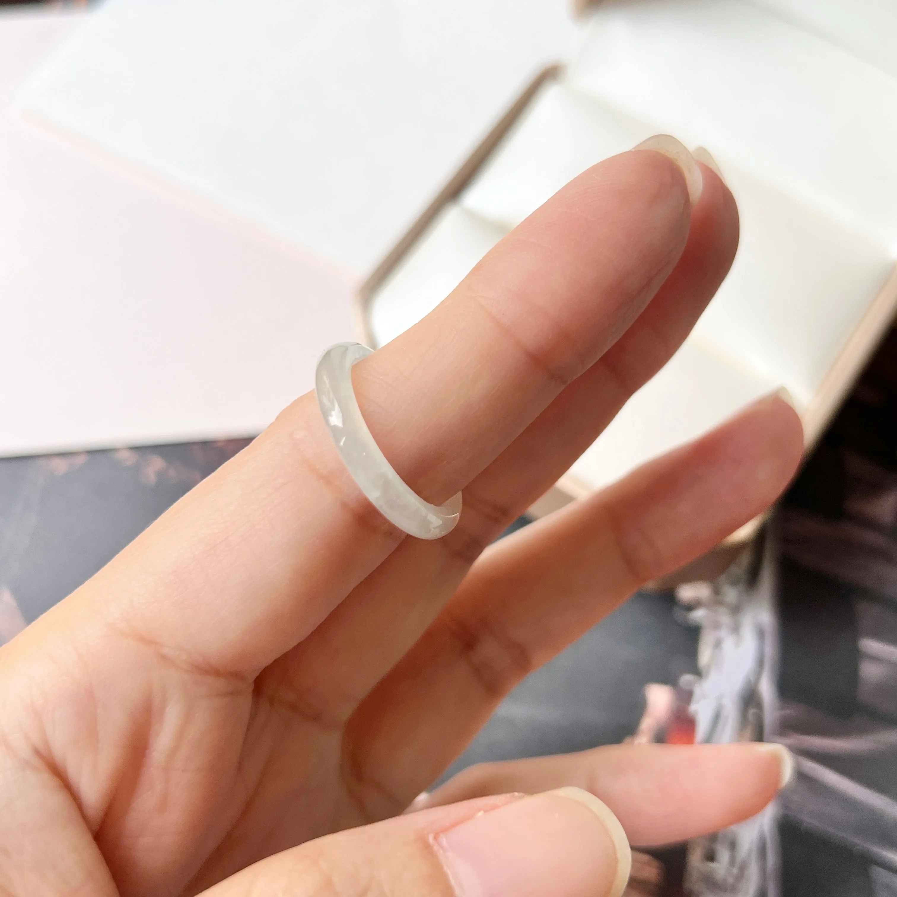 16mm Icy A-Grade Natural White Jadeite Abacus Ring Band No.220677