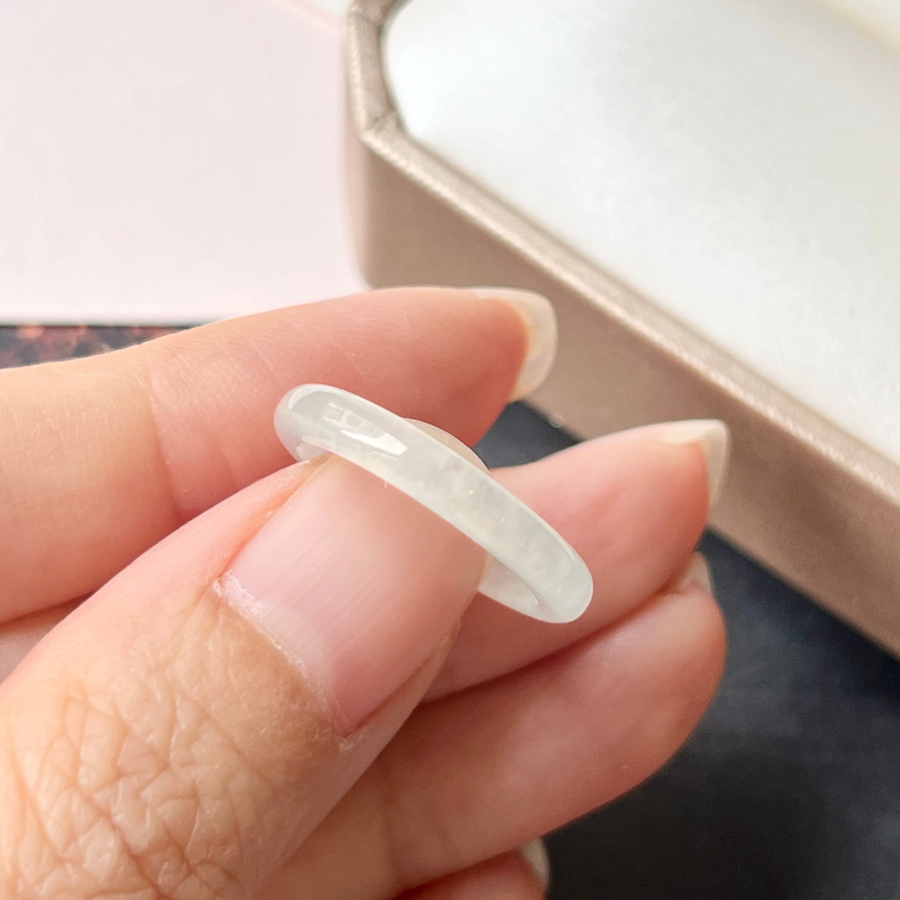 16mm Icy A-Grade Natural White Jadeite Abacus Ring Band No.220677