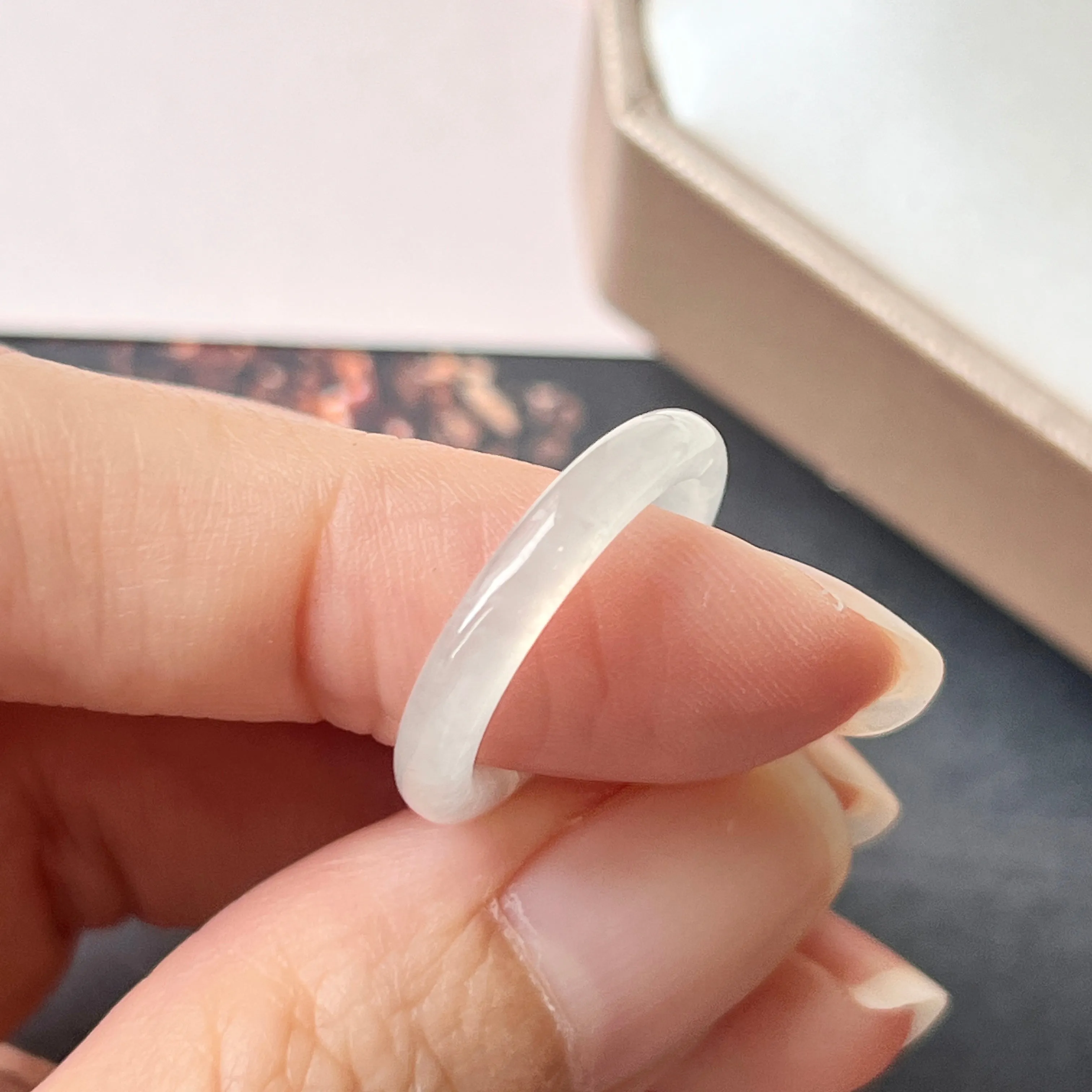 16mm Icy A-Grade Natural White Jadeite Abacus Ring Band No.220677