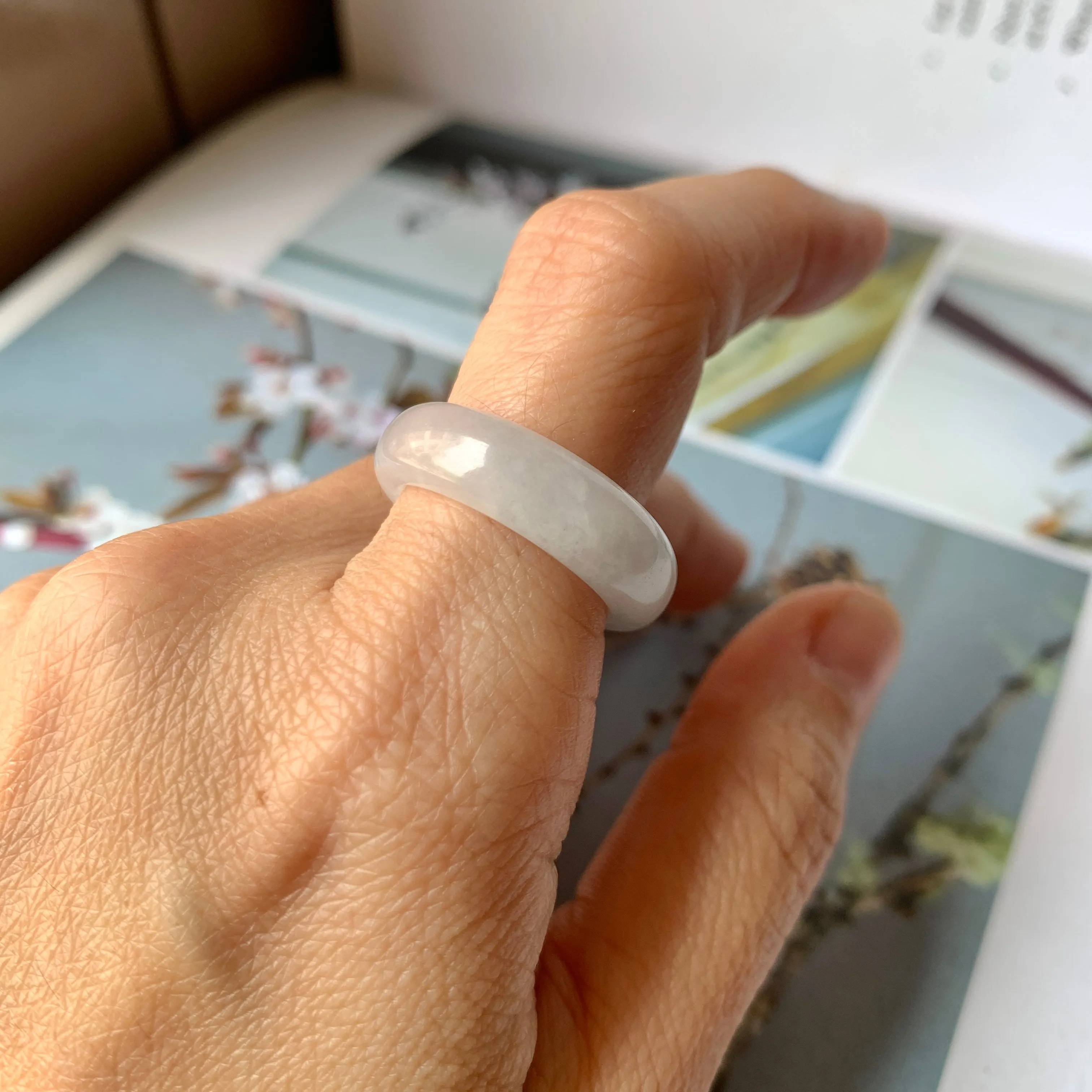 17.1mm A-Grade Natural Chiffon White Jadeite Abacus Ring Band No.162345