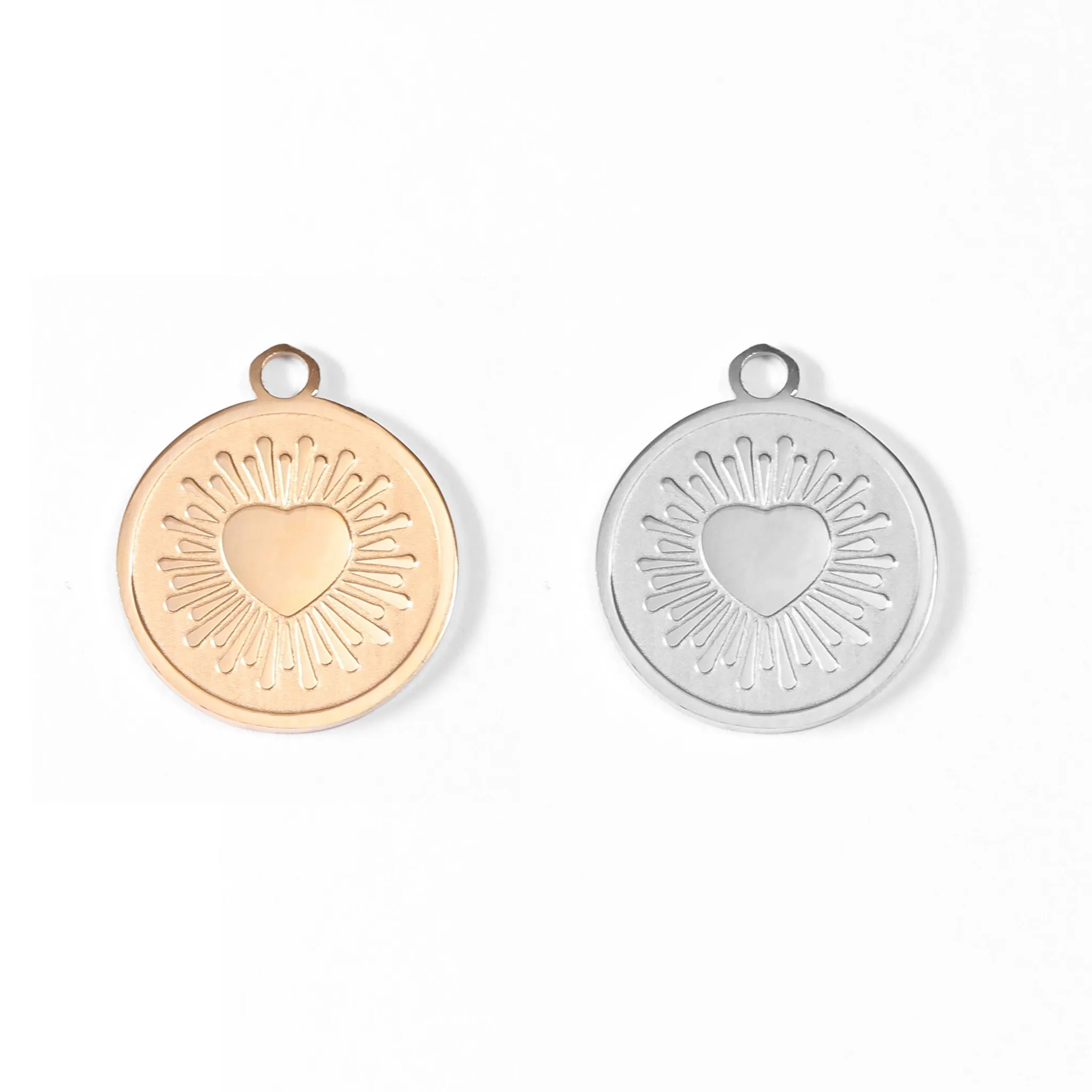 18K Gold PVD Stainless Steel Circle Heart Sun Ray Charm / PDL0065