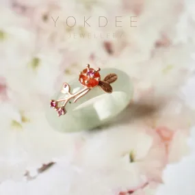 18mm A-Grade Natural Green Jadeite Joseon Ring (Red Sakura Flower) No.162334