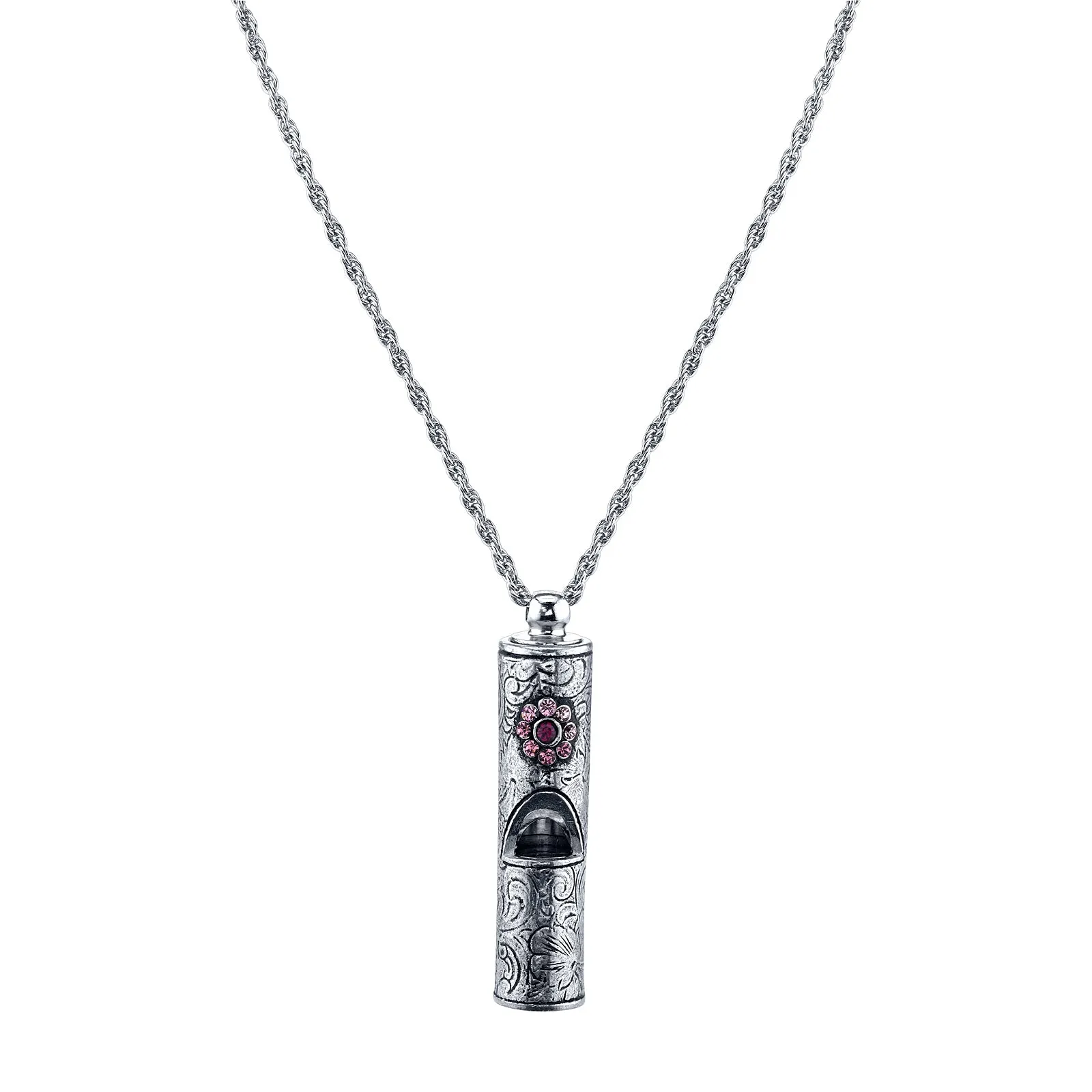 1928 Jewelry Antiqued Pewter Whistle With Flower Necklace 28"