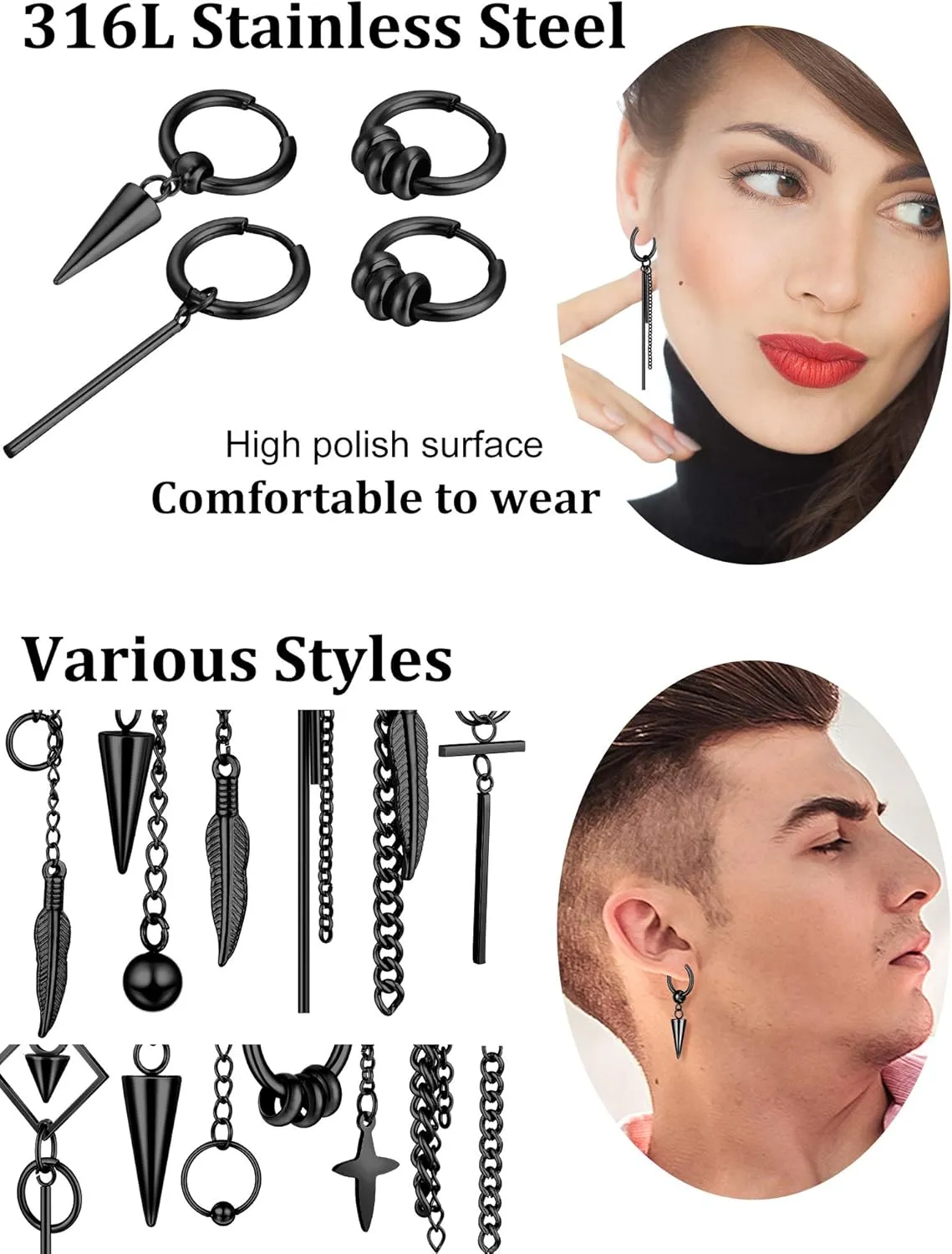 20 Pieces Men Dangle Earrings Stainless Steel Huggie Hinged Hoop for Women