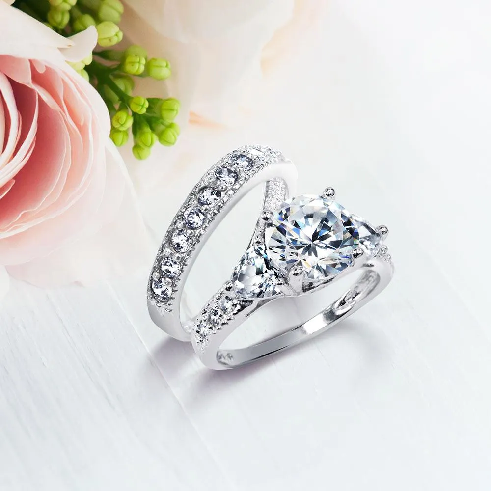 3CT Solitaire Heart AAA CZ Engagement Wedding Ring Set Sterling Silver