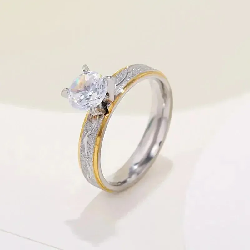 4mm Stainless Steel Couple Engagement Rings with Zircon