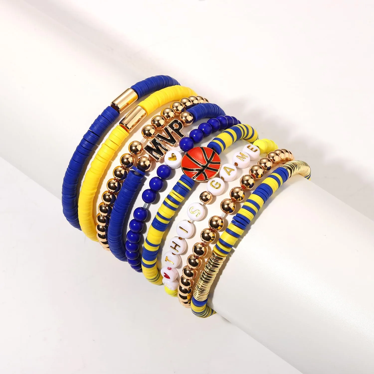 9 Pack Basketball Bracelets Stack Basketball Friendship Bracelets Heishi Beaded Stretch Bracelets Basketball Game Day MVP Sports Fan Bracelets Jewelry Gifts