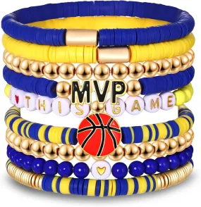 9 Pack Basketball Bracelets Stack Basketball Friendship Bracelets Heishi Beaded Stretch Bracelets Basketball Game Day MVP Sports Fan Bracelets Jewelry Gifts