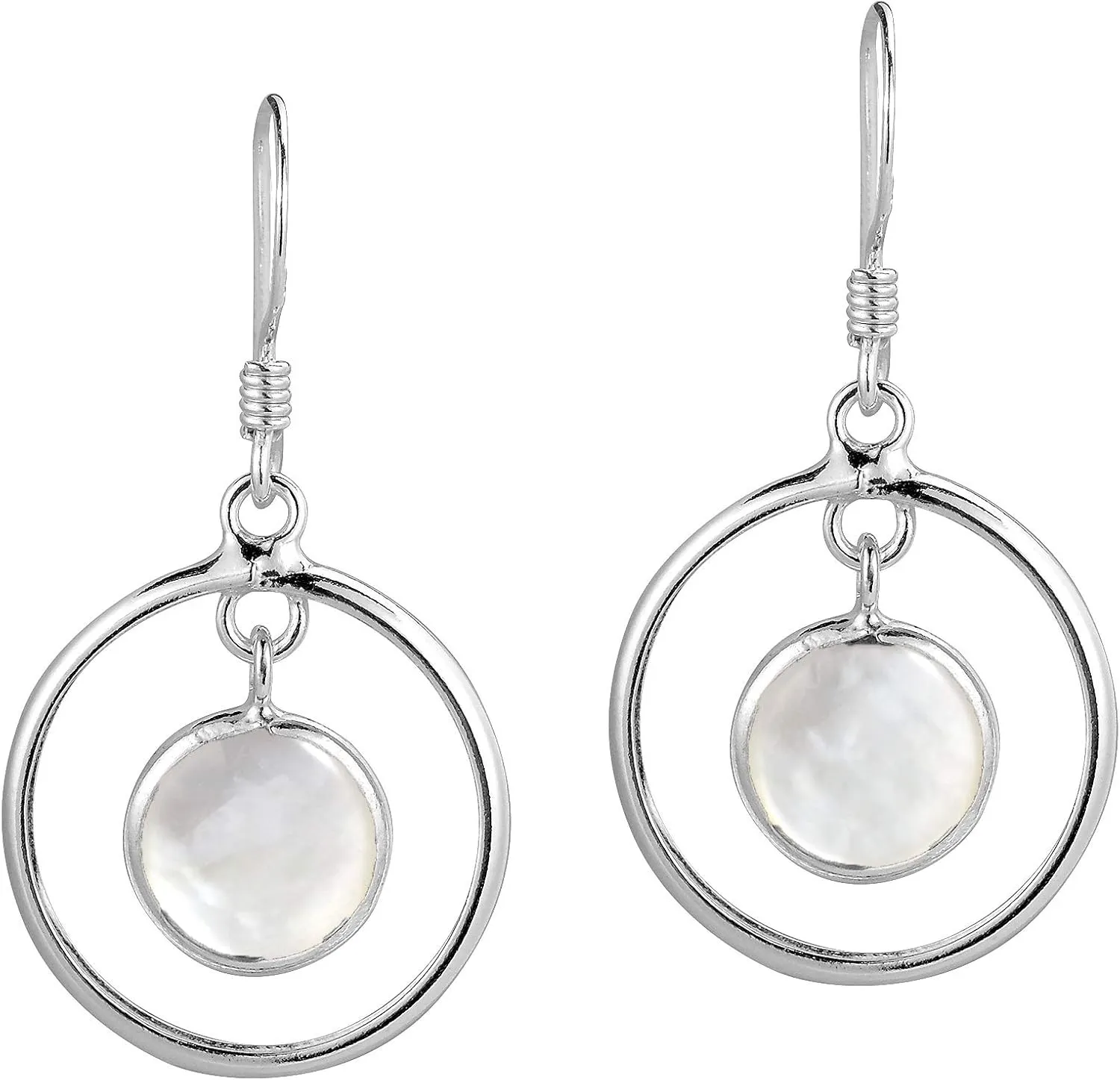 AeraVida .925 Sterling Silver Modern Circles White Mother of Pearl Drop Dangle Earrings | Valentine’s Day Gift for Women | Elegant Minimalist Jewelry for Women | Valentine’s Gift