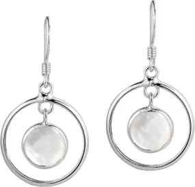 AeraVida .925 Sterling Silver Modern Circles White Mother of Pearl Drop Dangle Earrings | Valentine’s Day Gift for Women | Elegant Minimalist Jewelry for Women | Valentine’s Gift