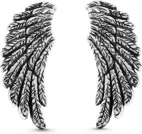AeraVida Minimal Boho Climber Angel Wings .925 Sterling Silver Stud Crawler Earrings | Tiny Sterling Silver Stud Earring for women | Feather Stud Earrings | Vintage Stud Earrings