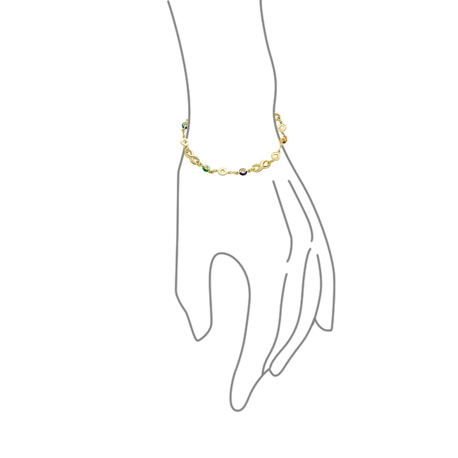 Alternating Jewel Tone Love Infinity Bracelet 18K Gold Plated 7.5 Inch