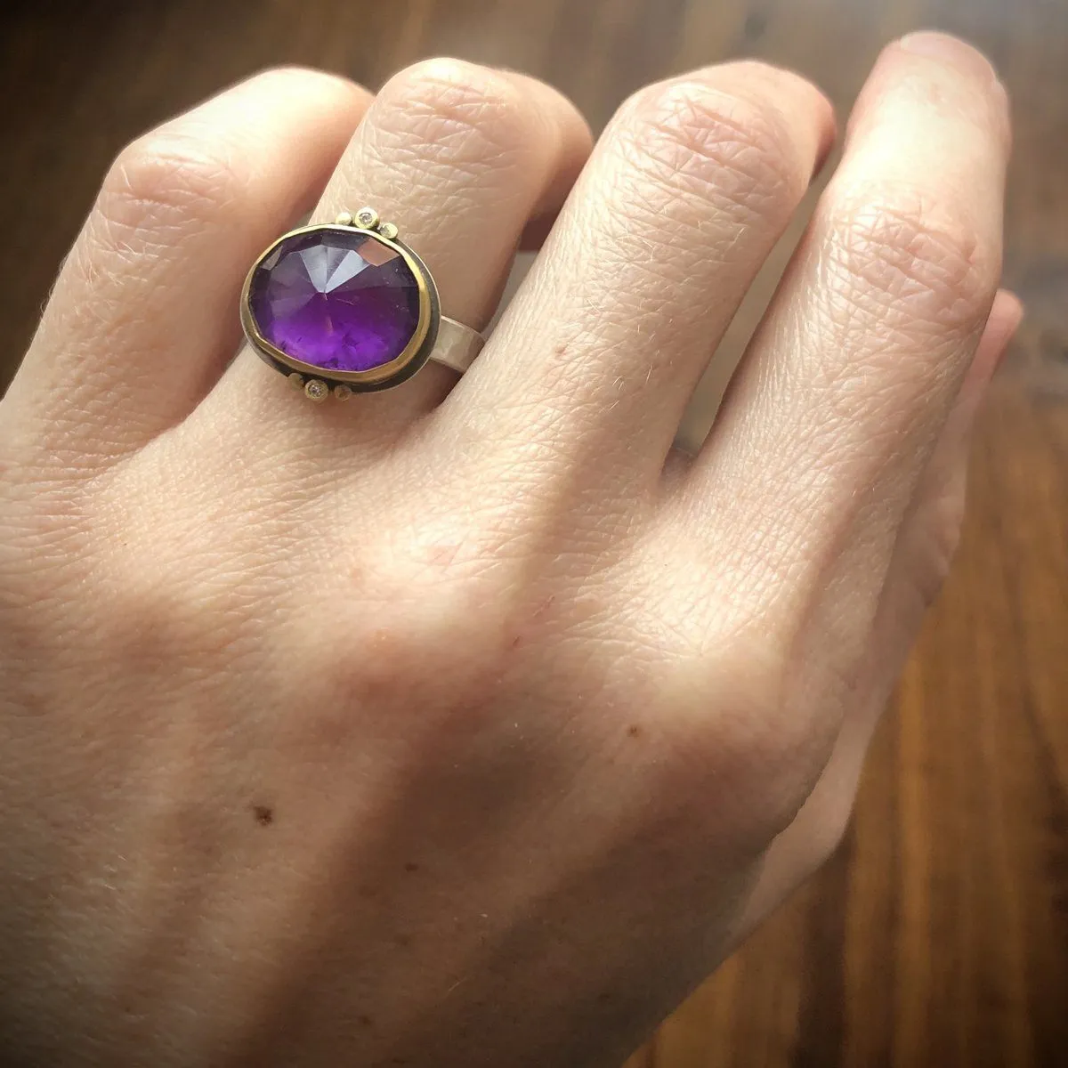Amethyst Ring with Gold Trios and Diamonds