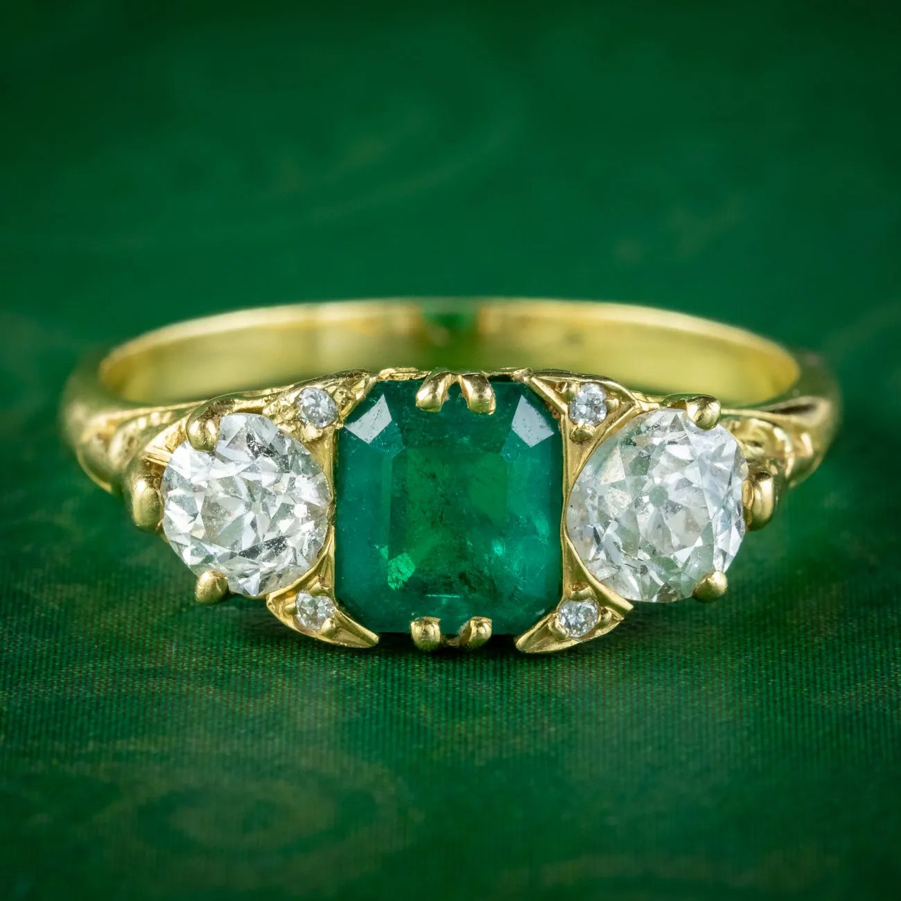 Antique Victorian Emerald Diamond Trilogy Ring 0.95ct Emerald