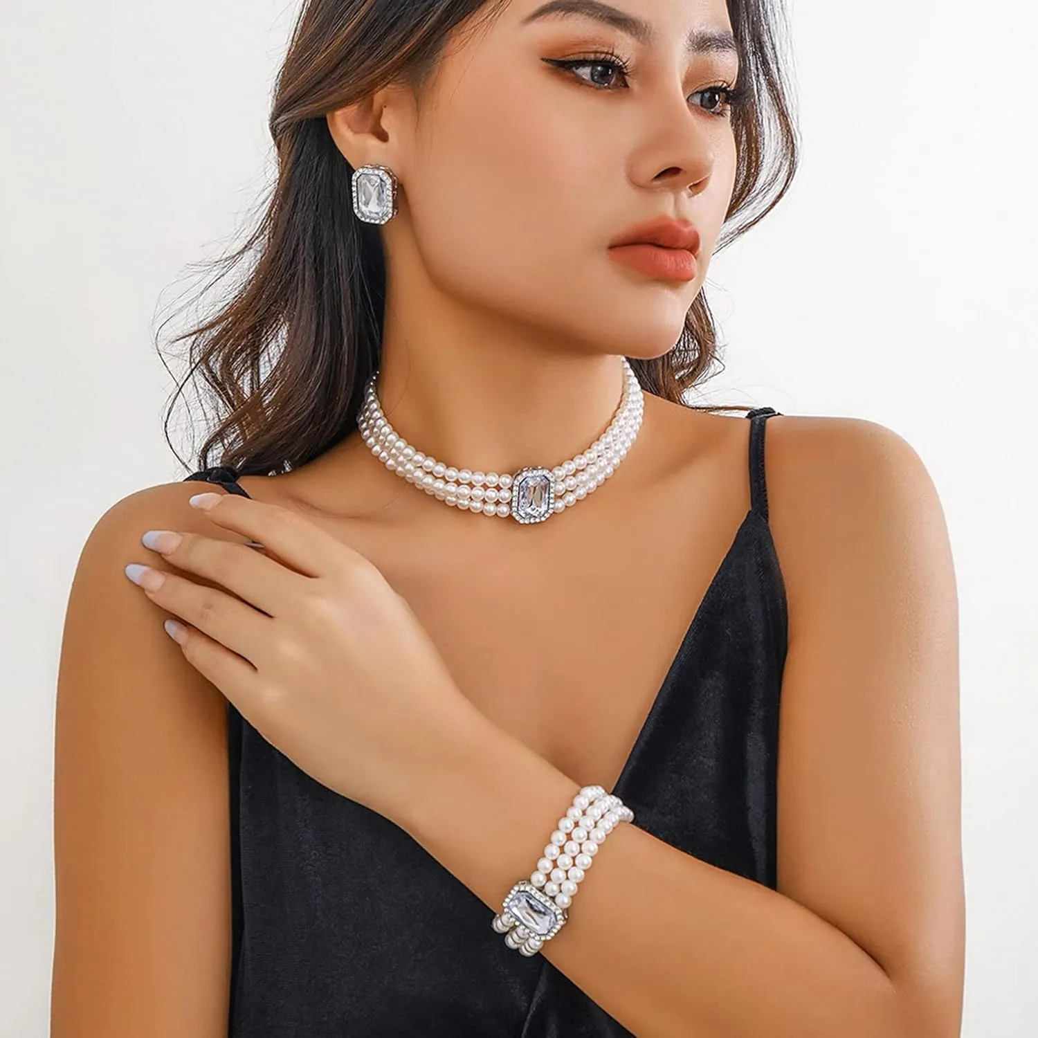Aonklot Pearl Earrings Necklace Bracelet Set Layered Pearl Necklace Rhinestone Stud Earrings with Dainty Bracelet for Women Elegant Pearls Jewelry Set for Everyday Wear