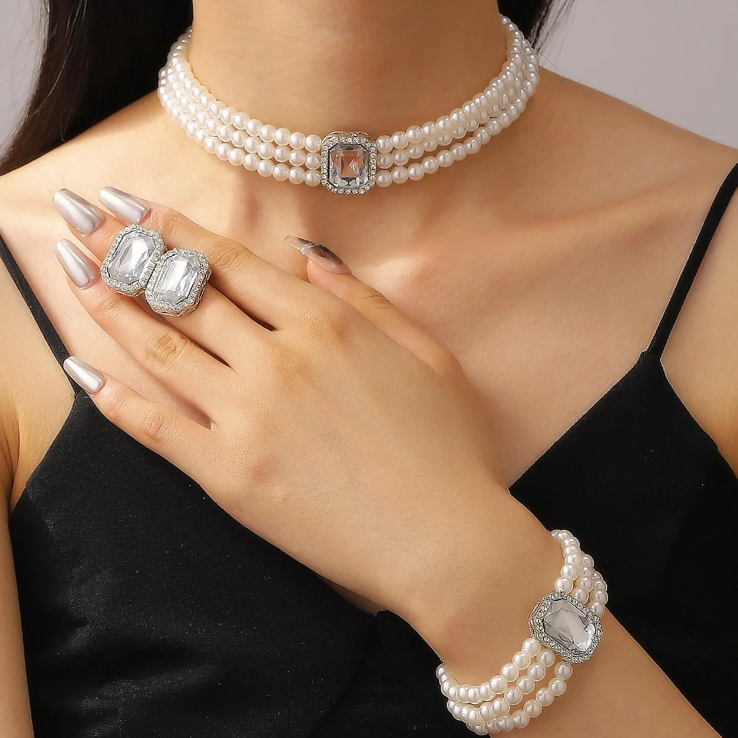 Aonklot Pearl Earrings Necklace Bracelet Set Layered Pearl Necklace Rhinestone Stud Earrings with Dainty Bracelet for Women Elegant Pearls Jewelry Set for Everyday Wear