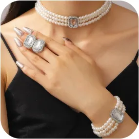 Aonklot Pearl Earrings Necklace Bracelet Set Layered Pearl Necklace Rhinestone Stud Earrings with Dainty Bracelet for Women Elegant Pearls Jewelry Set for Everyday Wear