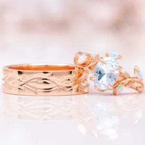 Aquamarine & Fire Opal Leaf Couples Ring