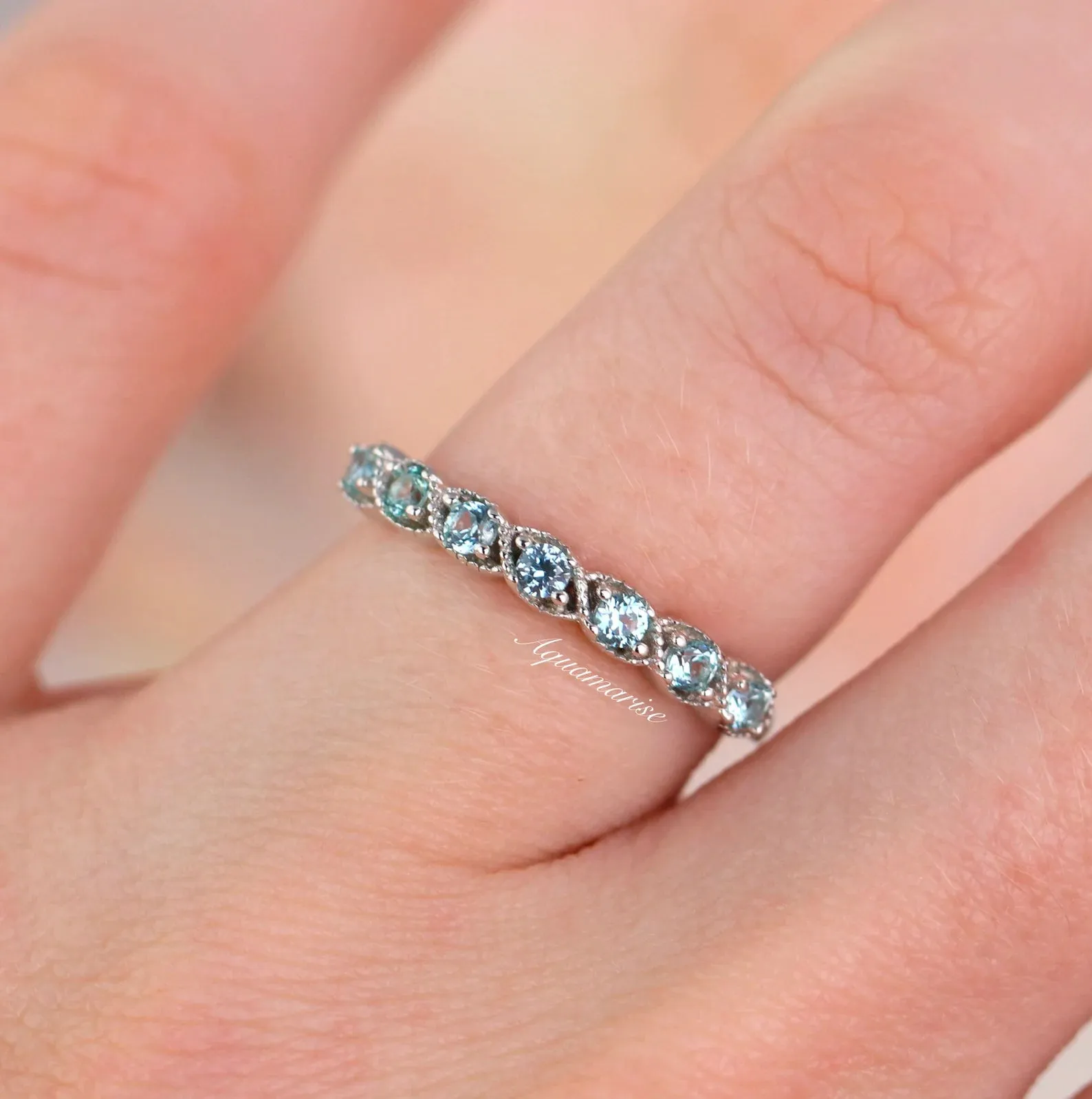 Art Deco Aquamarine Wedding Band- Sterling Silver