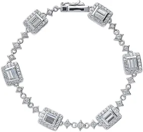 BERRICLE Sterling Silver Vintage Inspired Art Deco Cubic Zirconia CZ Chain Bracelet for Women, Rhodium Plated