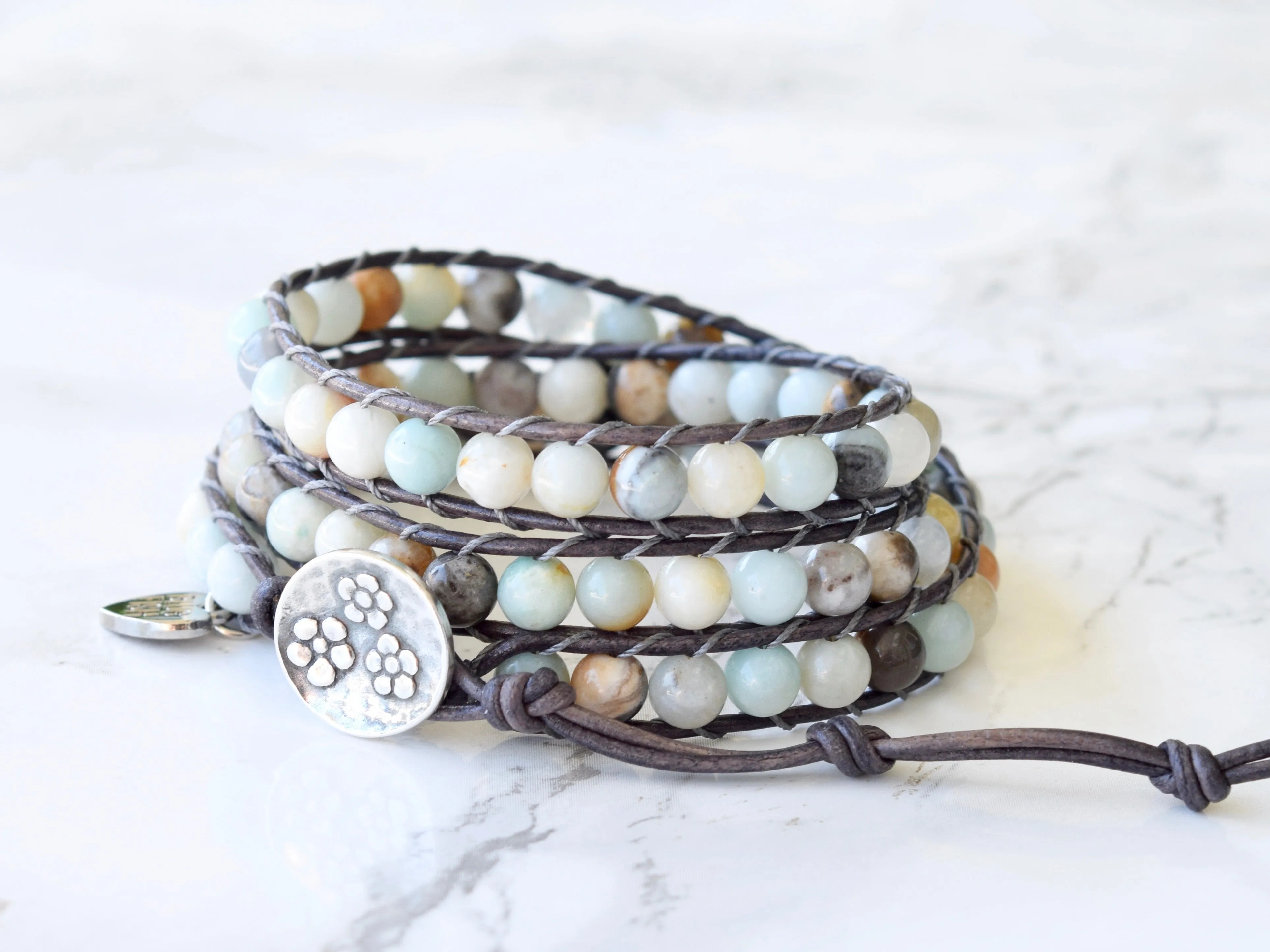 Boho Beaded 3x Wrap Bracelet ~ Gorgeous Light Amazonite Gemstones