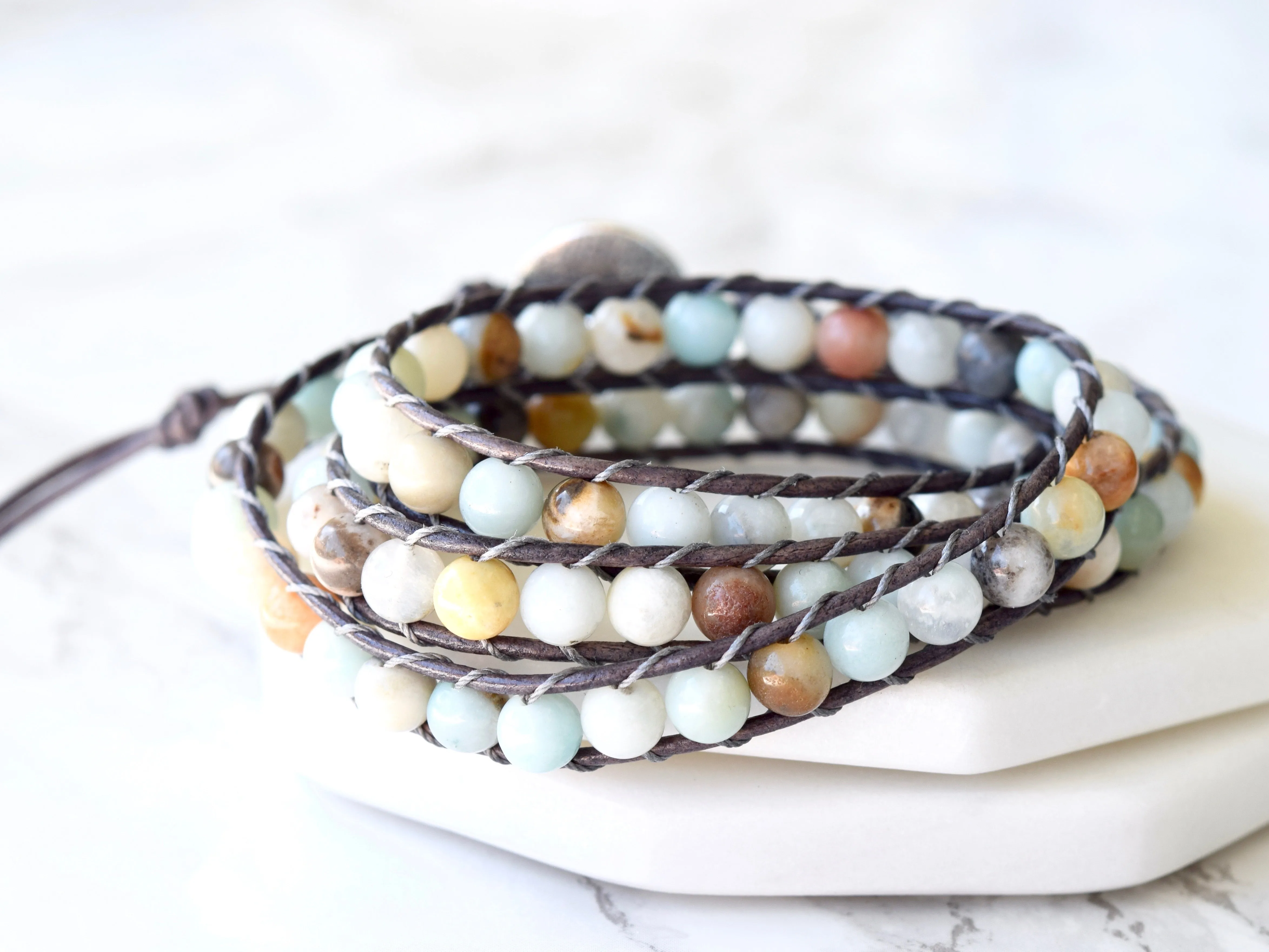 Boho Beaded 3x Wrap Bracelet ~ Gorgeous Light Amazonite Gemstones