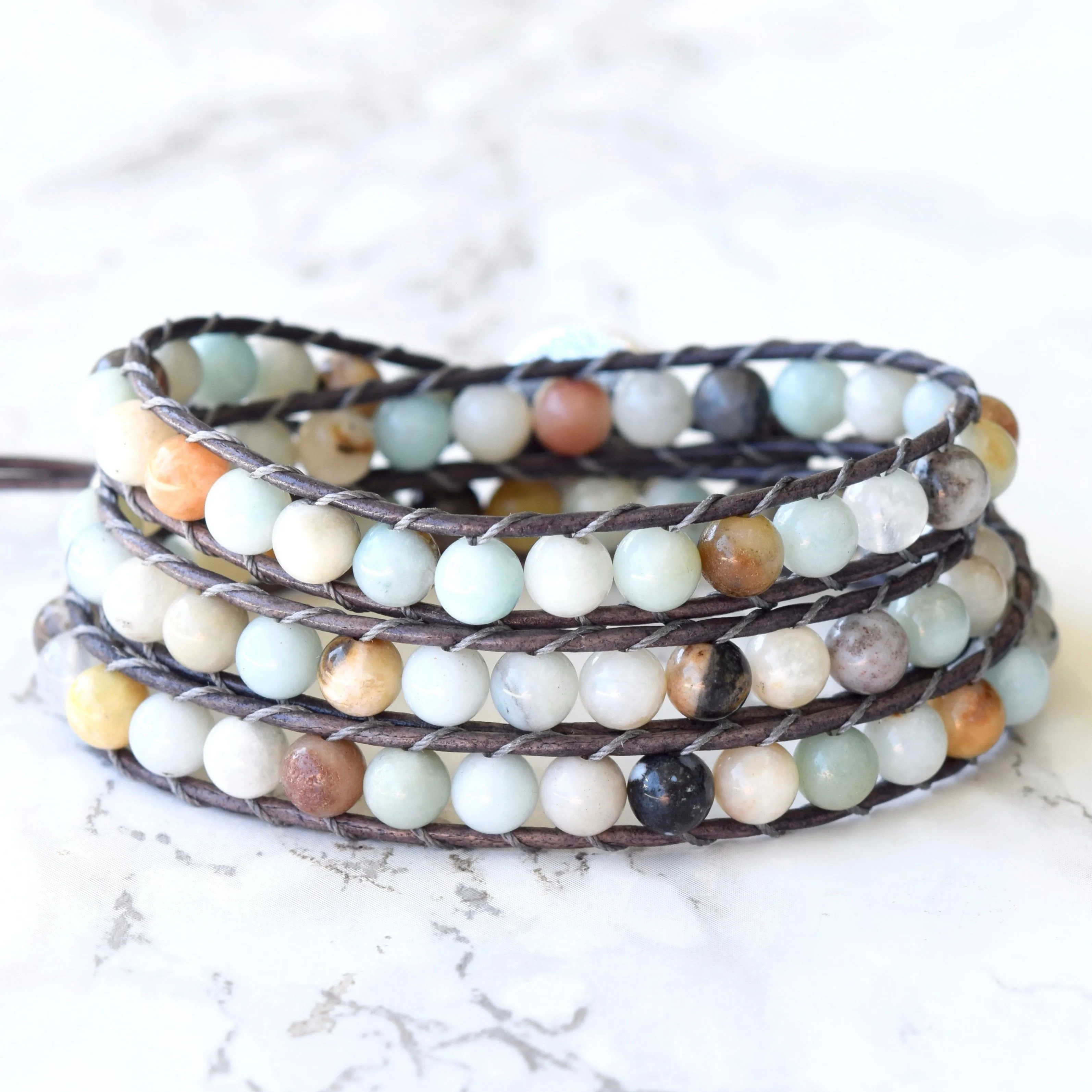 Boho Beaded 3x Wrap Bracelet ~ Gorgeous Light Amazonite Gemstones