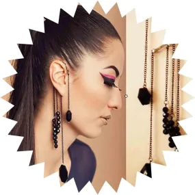 Boho Black Gem Ear Wrap Earrings Gold Pearl Ear Cuff Earrings Long Drop Tassel Black Beads Earrings Festival Gothic Earrings Non Piercing Ear Climber Cartilage Earrings for Women