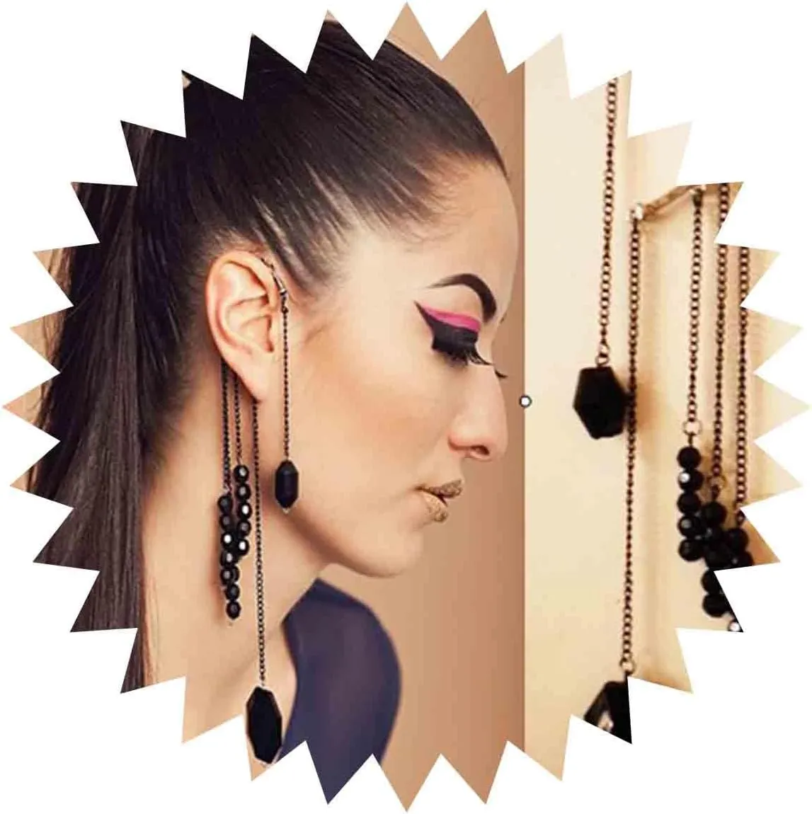 Boho Black Gem Ear Wrap Earrings Gold Pearl Ear Cuff Earrings Long Drop Tassel Black Beads Earrings Festival Gothic Earrings Non Piercing Ear Climber Cartilage Earrings for Women