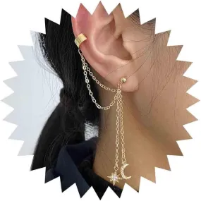 Boho Rhinestone Star and Moon Drop Dangle Earring Fashion Gold Earring Long Tassel Earring Chain Earring Daily Party Vintage Earring Wedding Jewelry for Women