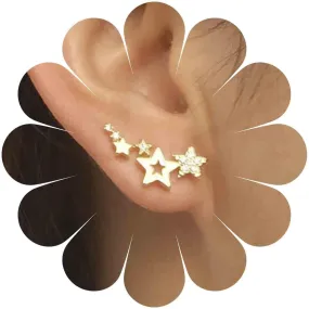 Boho Star Rhinestones Ear Crawler CZ Earrings Gold Ear Climbers Zircon Ear Cuffs Hoop Climber Studs Crystal Earrings Ear Accessories Vintage Earrings Wedding Jewelry for Women
