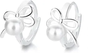 Bow Hoop Earrings for Women 925 Sterling Silver Small Bowknot Earrings Elegant Pearl Huggie Hoops Minimalist Ear Party Jewelry