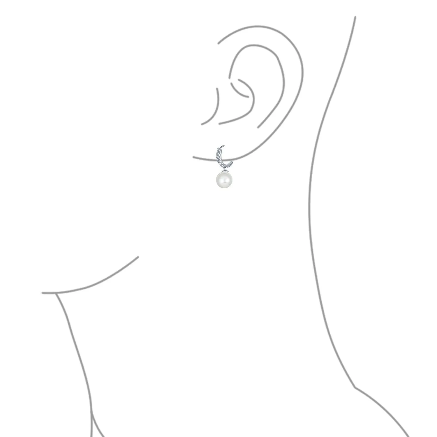 Bridal Imitation Pearl Drop Ball Hoop Pave Huggie Earrings .925 Silver