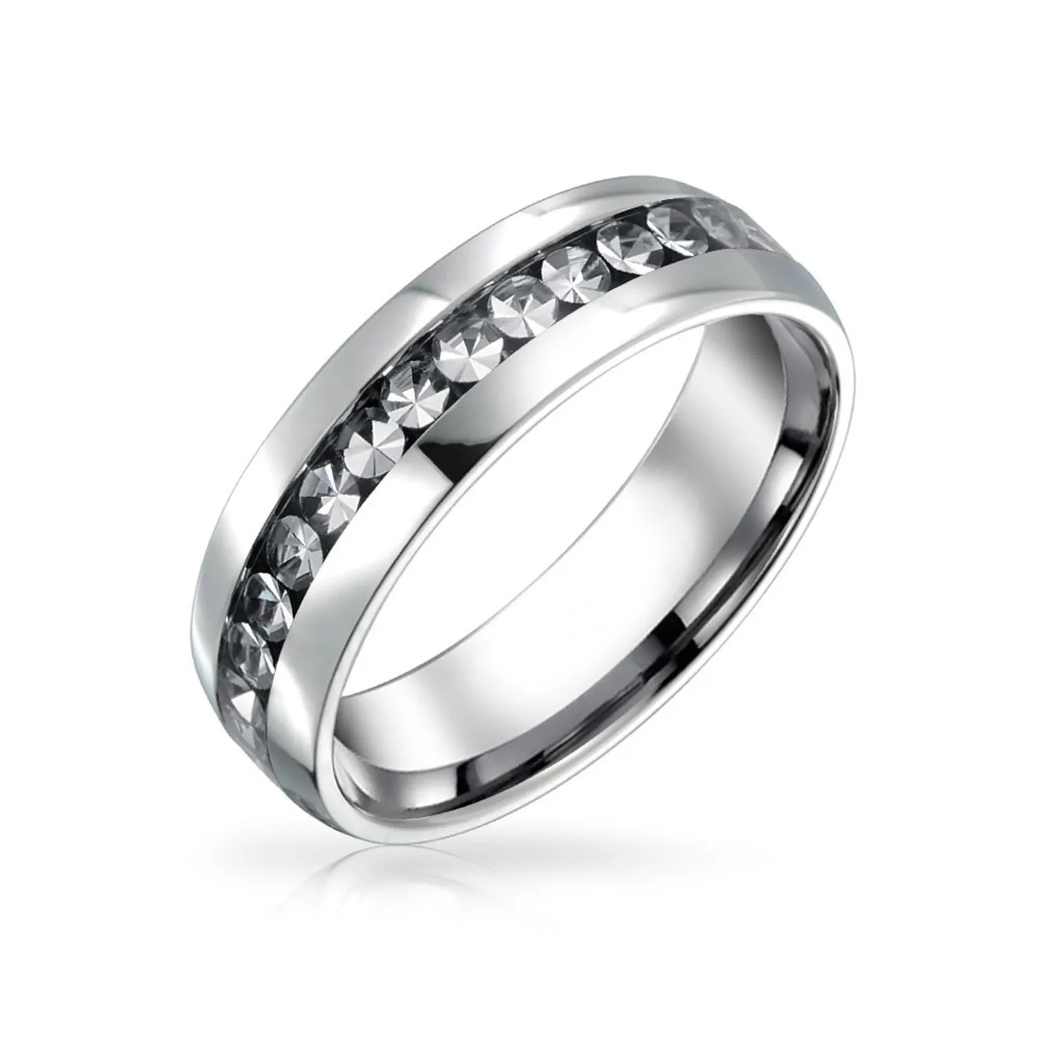 Channel Set Crystal Eternity Band Ring Stainless Steel Birthstone Month 6mm