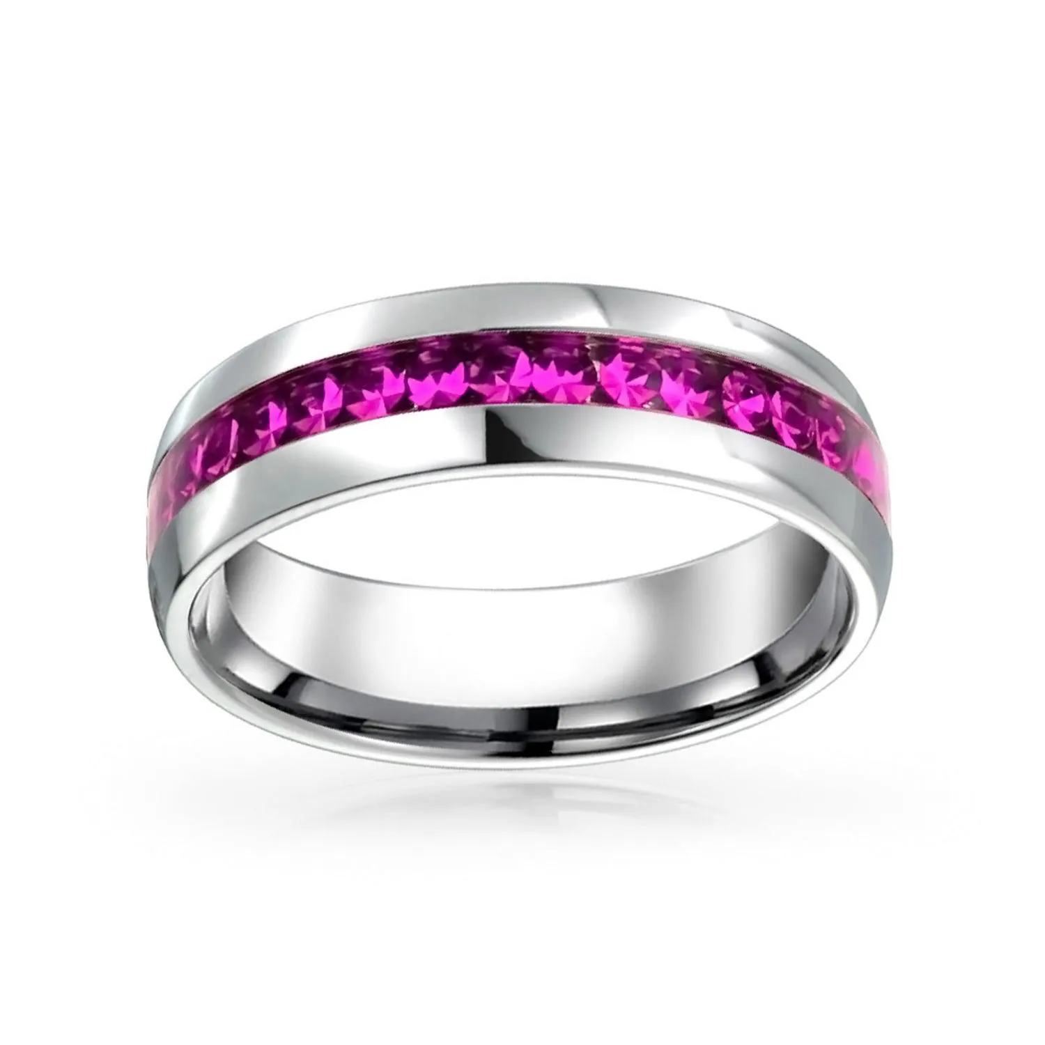 Channel Set Crystal Eternity Band Ring Stainless Steel Birthstone Month 6mm