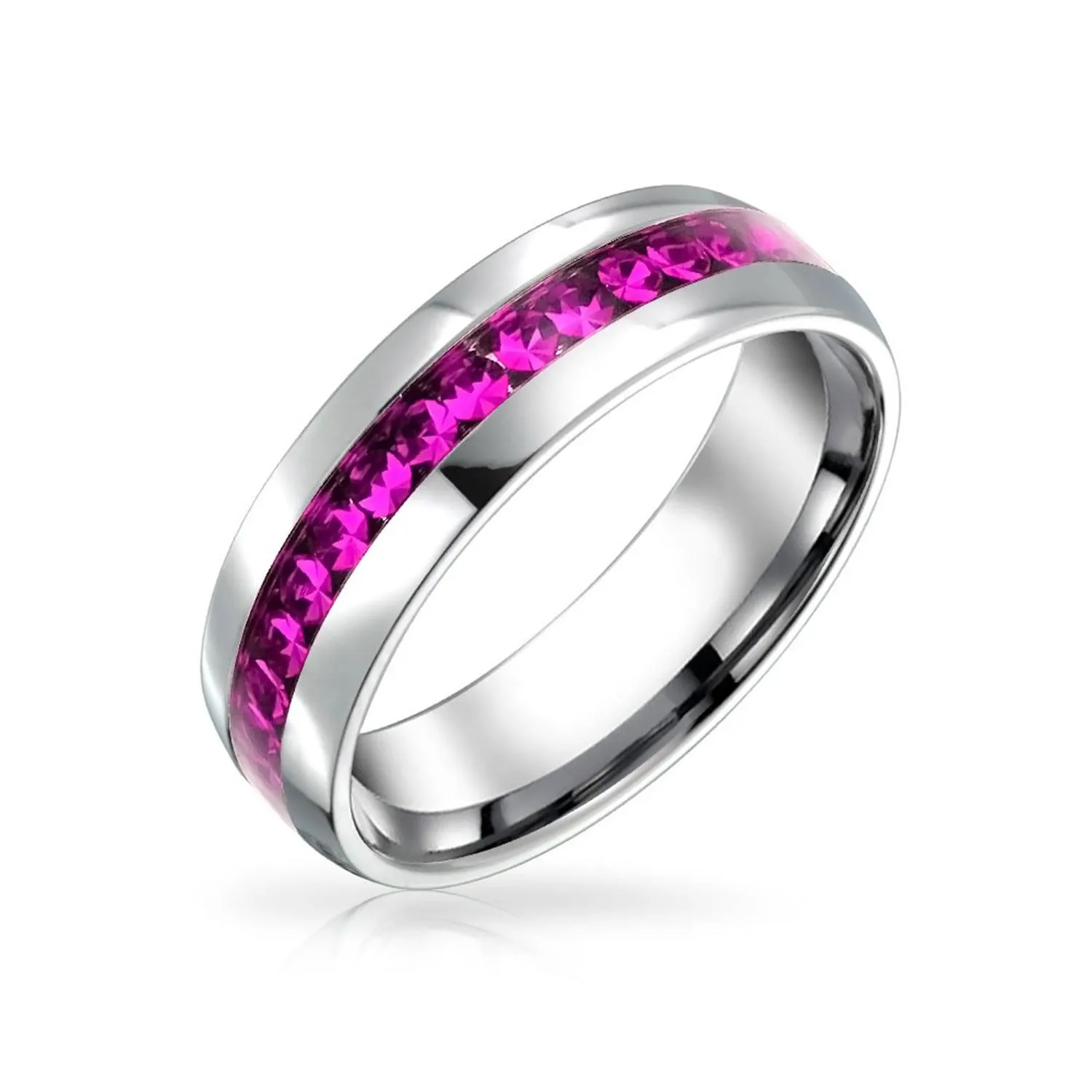 Channel Set Crystal Eternity Band Ring Stainless Steel Birthstone Month 6mm