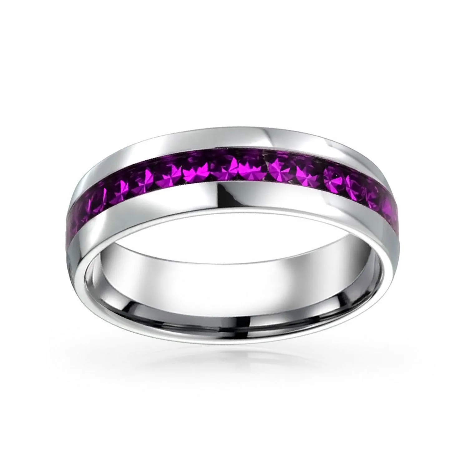 Channel Set Crystal Eternity Band Ring Stainless Steel Birthstone Month 6mm