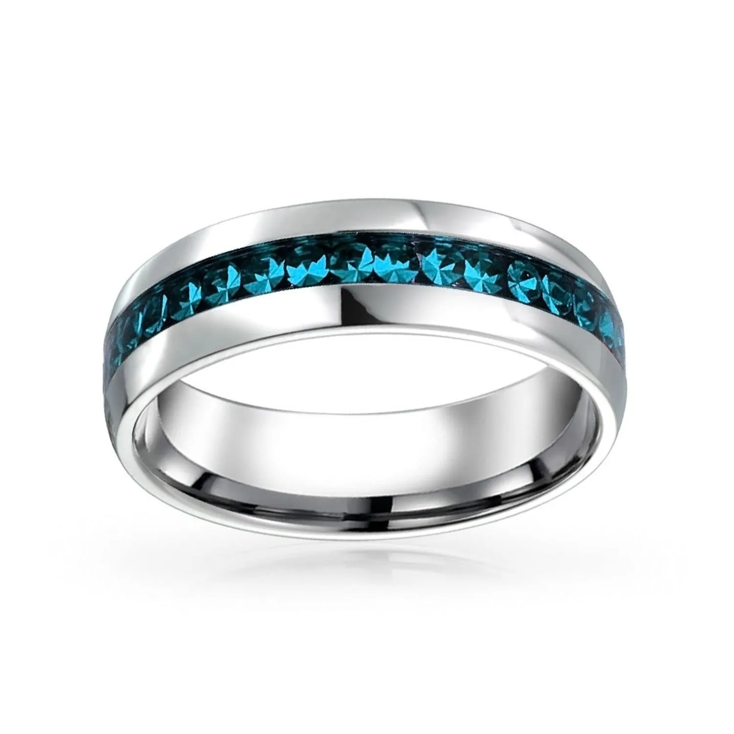 Channel Set Crystal Eternity Band Ring Stainless Steel Birthstone Month 6mm